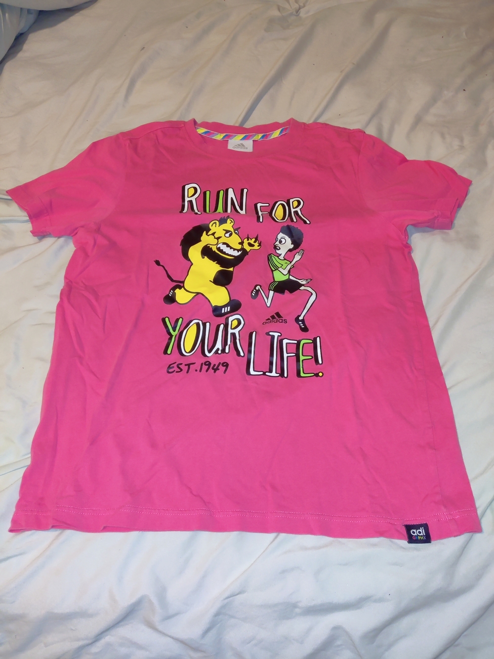 RARE Vintage Adidas x Jeremy Scott Pink Lion Chasing Guy Graphic Tee VGC Size S